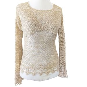Vintage Crochet Gold Sweater Top Small Metallic Sparkling Bust Detail Boho Vtg